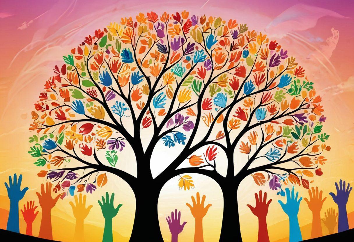 A colorful tree made of diverse hands reaching out, symbolizing vibrant connections, with bright leaves representing joyful communication. The background features a whimsical landscape full of smiling faces and interconnected lines, illustrating a network of support. Include a golden sun shining brightly overhead, casting a warm glow. vibrant colors. illustration.
