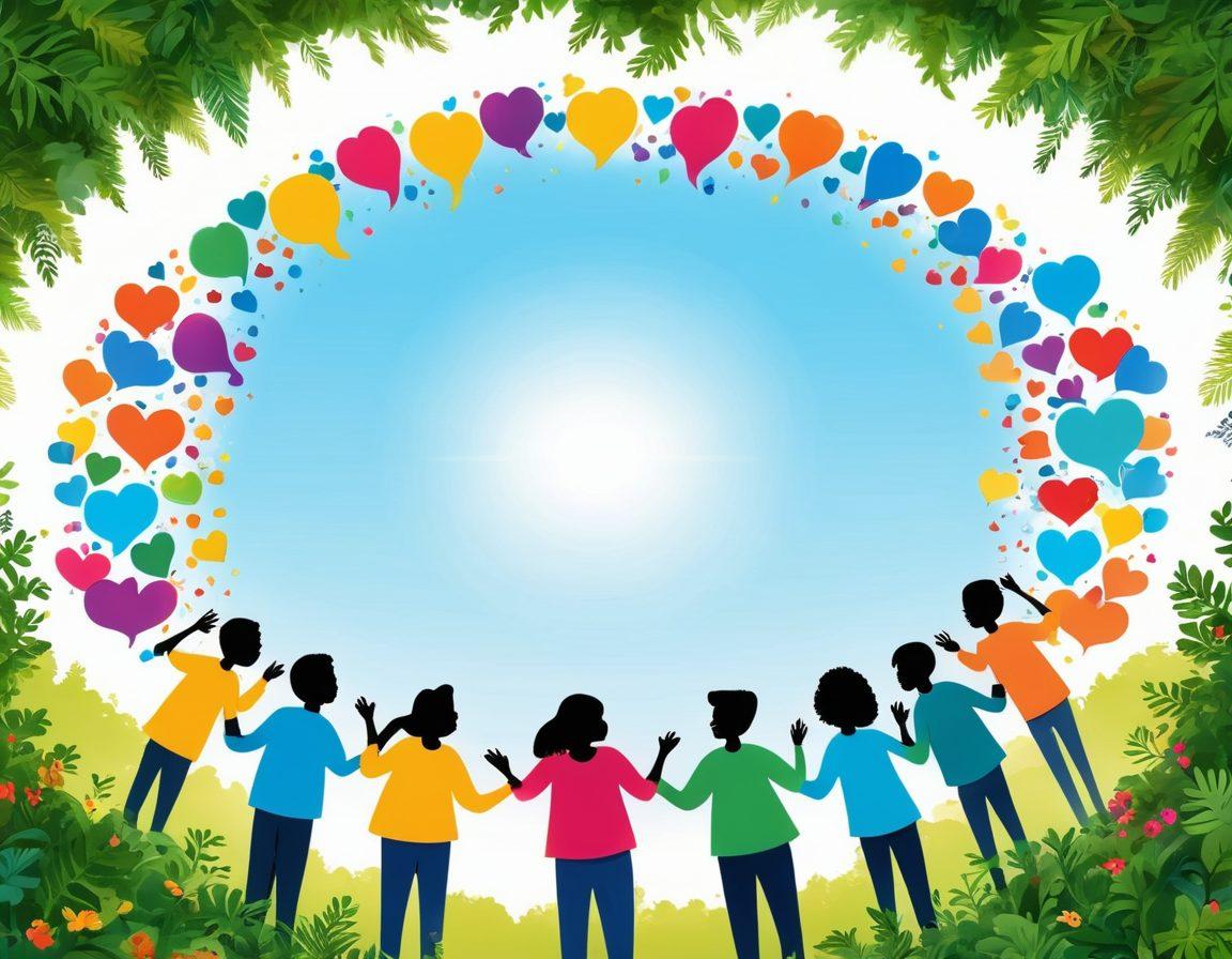 A vibrant and diverse circle of people engaging warmly in a communication circle, with colorful speech bubbles symbolizing uplifting conversations. Surround them with lush greenery and a bright blue sky, illustrating a harmonious community vibe. Include elements like hearts and light beams shining down to represent positivity, connection, and support. cartoon style. vibrant colors. whimsical background.