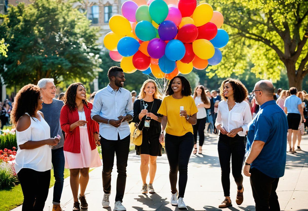 A vibrant scene showing a diverse group of people joyfully engaging in conversation, surrounded by colorful balloons and flowers symbolizing connection. In the background, a sunlit park filled with art installations that inspire creativity and collaboration. Incorporate elements of laughter and warmth in their expressions, emphasizing community and interaction. super-realistic. vibrant colors. upbeat atmosphere.